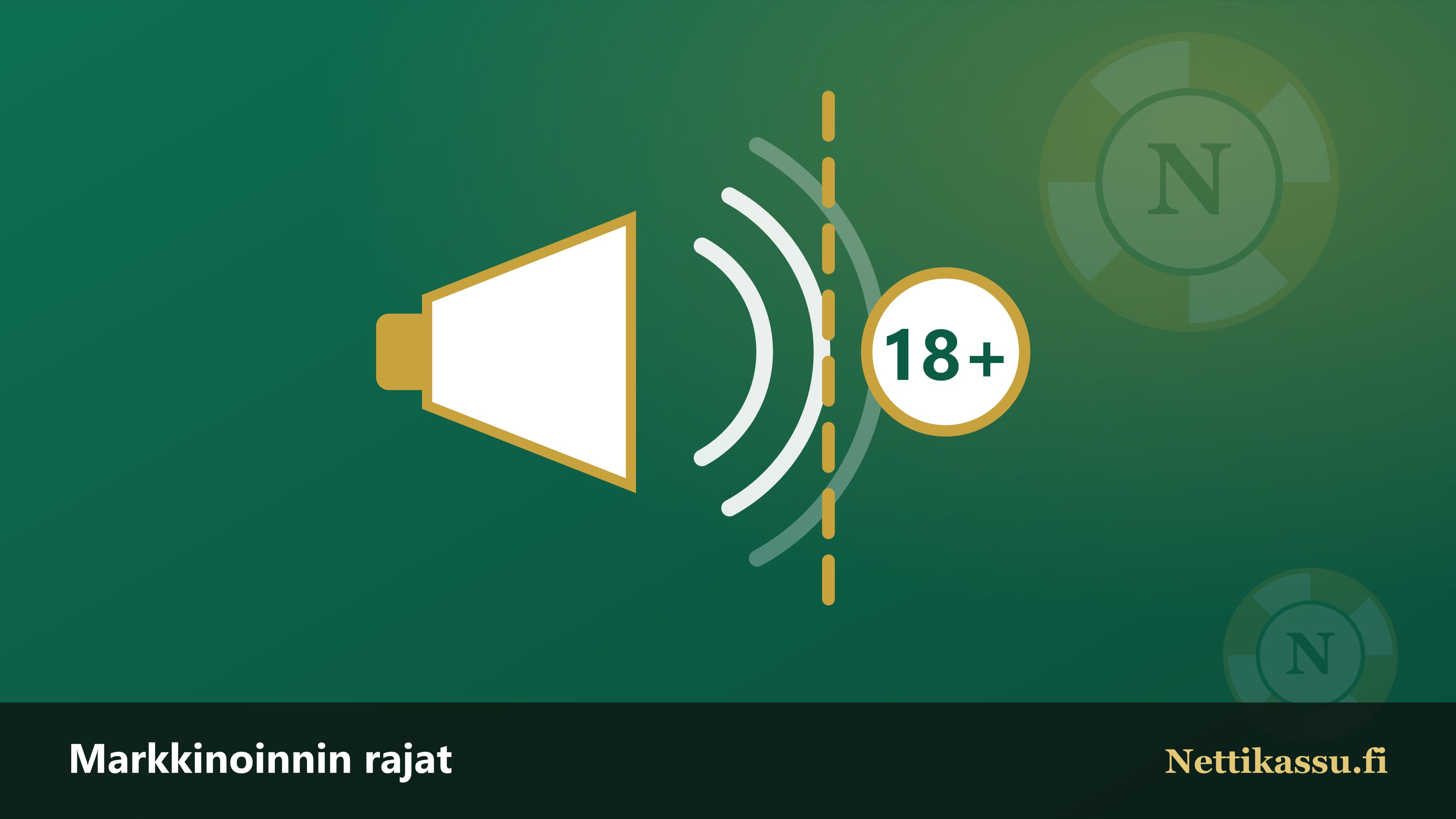 Kuulutustorvi, jonka äänikaaret katkeavat kultaiseen rajaviivaan, ja 18+ -merkki
