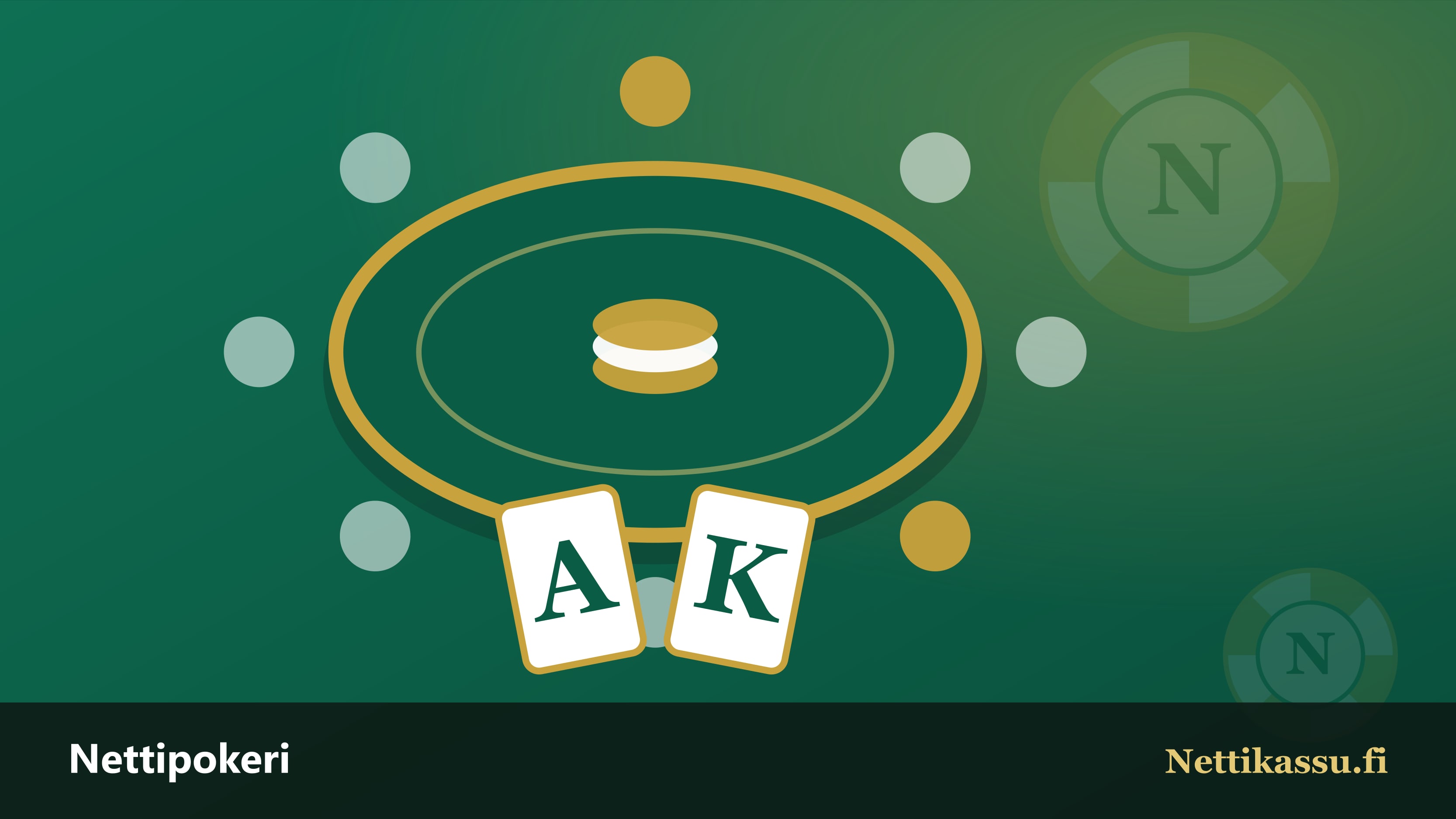 Pokeripöytä ylhäältä, pelipaikat kehällä, potti keskellä ja kaksi käsikorttia edessä