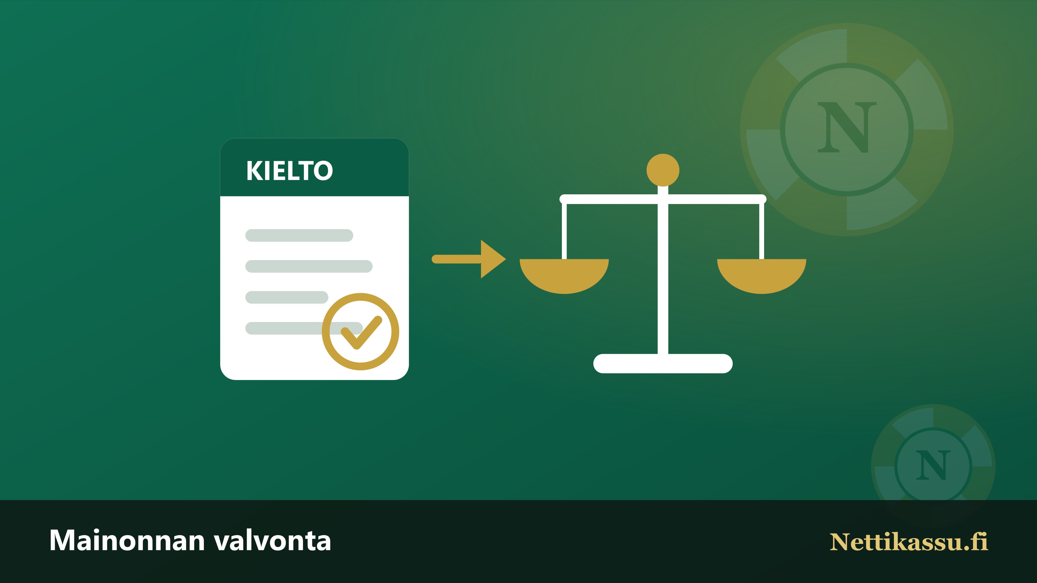 Kieltopäätöstä esittävä asiakirja ja nuoli kohti oikeuden vaakaa